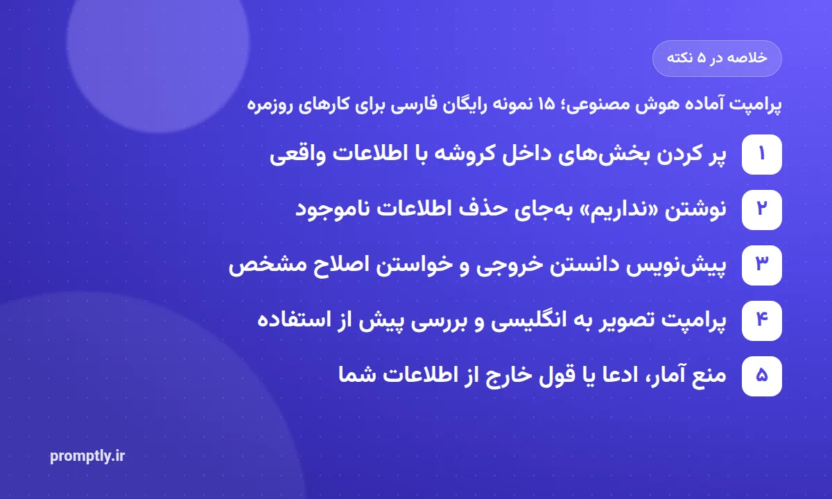 خلاصه تصویری «پرامپت آماده هوش مصنوعی؛ ۱۵ نمونه رایگان فارسی برای کارهای روزمره» در پنج نکته: پر کردن بخش‌های داخل کروشه با اطلاعات واقعی، نوشتن «نداریم» به‌جای حذف اطلاعات ناموجود، پیش‌نویس دانستن خروجی و خواستن اصلاح مشخص، پرامپت تصویر به انگلیسی و بررسی پیش از استفاده، منع آمار، ادعا یا قول خارج از اطلاعات شما