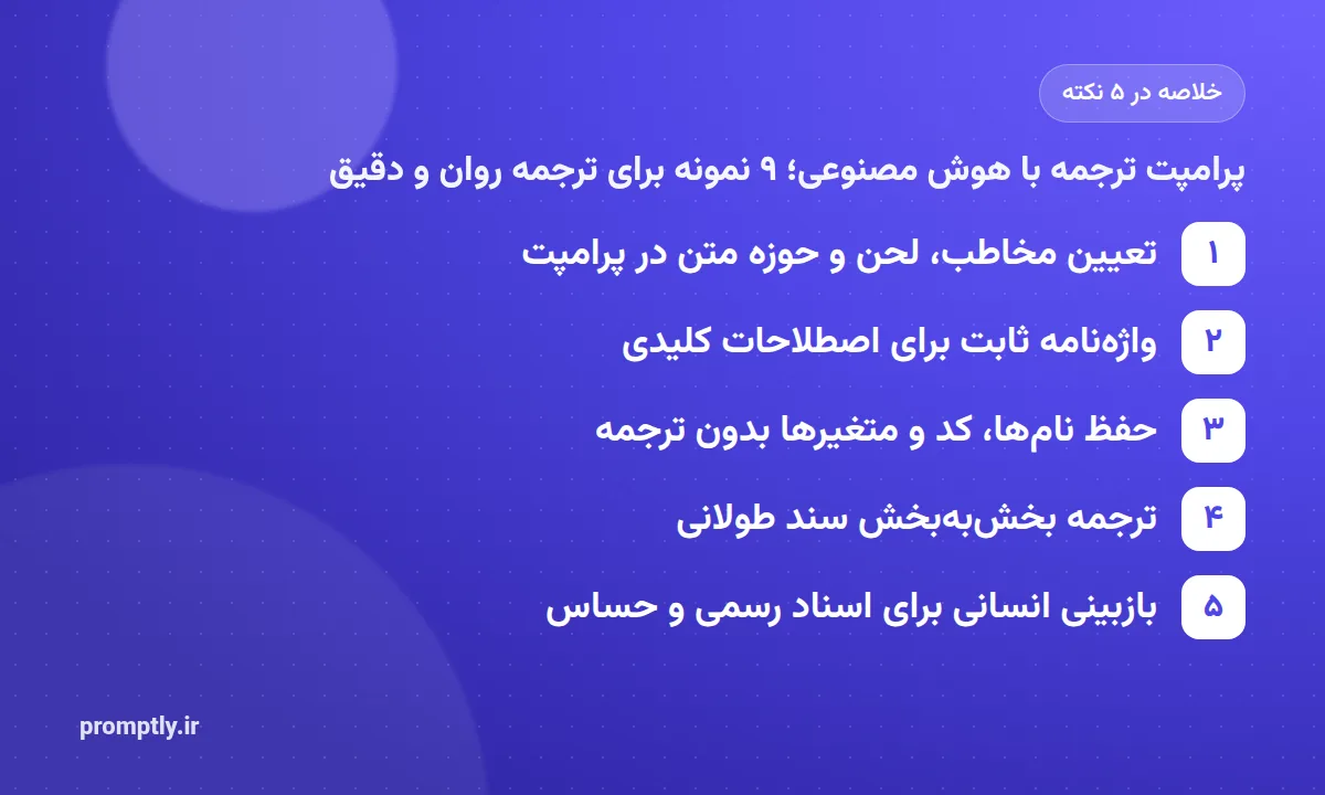 خلاصه تصویری «پرامپت ترجمه با هوش مصنوعی؛ ۹ نمونه برای ترجمه روان و دقیق» در پنج نکته: تعیین مخاطب، لحن و حوزه متن در پرامپت، واژه‌نامه ثابت برای اصطلاحات کلیدی، حفظ نام‌ها، کد و متغیرها بدون ترجمه، ترجمه بخش‌به‌بخش سند طولانی، بازبینی انسانی برای اسناد رسمی و حساس